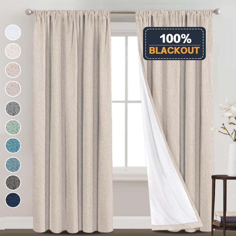 PrinceDeco 100% Blackout Linen Curtains 84 inch Long Rod Pocket Blackout Linen Curtains Panels with White Liner Energy Saving Curtains for Bedroom, Set of 2(52 x 84 inch, Natural) - Image 1